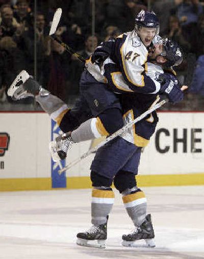 
Nashville right wing Alexander Radulov (47), of Russia, celebrates. 
 (Associated Press / The Spokesman-Review)