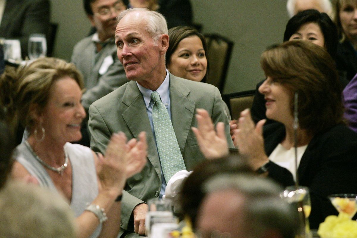 In this Aug. 30, 2006, file photo, former Republican Sen. Slade Gorton, center, is introduced at a fundraiser for Republican Senate candidate Mike McGavick in Bellevue, Wash. Gorton, who served in the Washington Legislature, and as state attorney general before he became a three-term U.S. senator, has died. He was 92.  (Ted S. Warren/The Associated Press)