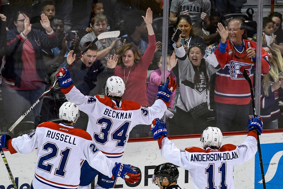 Spokane forward Adam Beckman (34) celebrates the Chiefs first goal of the night during the first period of a WHL playoff game, Wed., April 24, 2019, in the Spokane Arena. (Colin Mulvany / The Spokesman-Review)