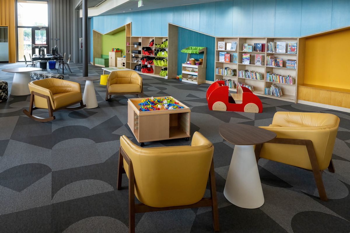 The children’s gathering area in the new Spokane Valley Library also includes a large collection of children’s and young adult books. The library at 22 N Herald Road opens on Saturday, June 17, 2023. A ribbon cutting ceremony will be at 9:30 a.m. with the doors opening to the public at 10 a.m.  (COLIN MULVANY/THE SPOKESMAN-REVI)
