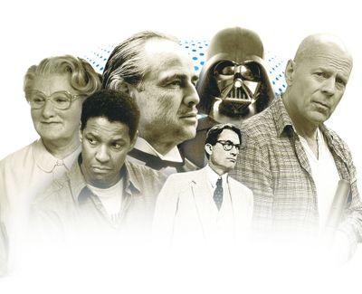 Notable film dads include, from left, Robin Williams in “Mrs. Doubtfire,” Denzel Washington in “John Q,” Marlon Brando in “The Godfather,” Gregory Peck in “To Kill a Mockingbird,” Darth Vader in the “Star Wars” franchise and Bruce Willis in the “Die Hard” movies. (Associated Press)