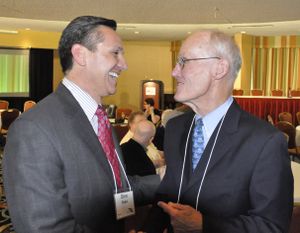 Dino Rossi and former U.S. Sen. Slade Gorton talk at a reception for the Mainstream Republican Cascadia Conference in Seattle on May 21, 2010. (Jim Camden/Spokesman-Review)