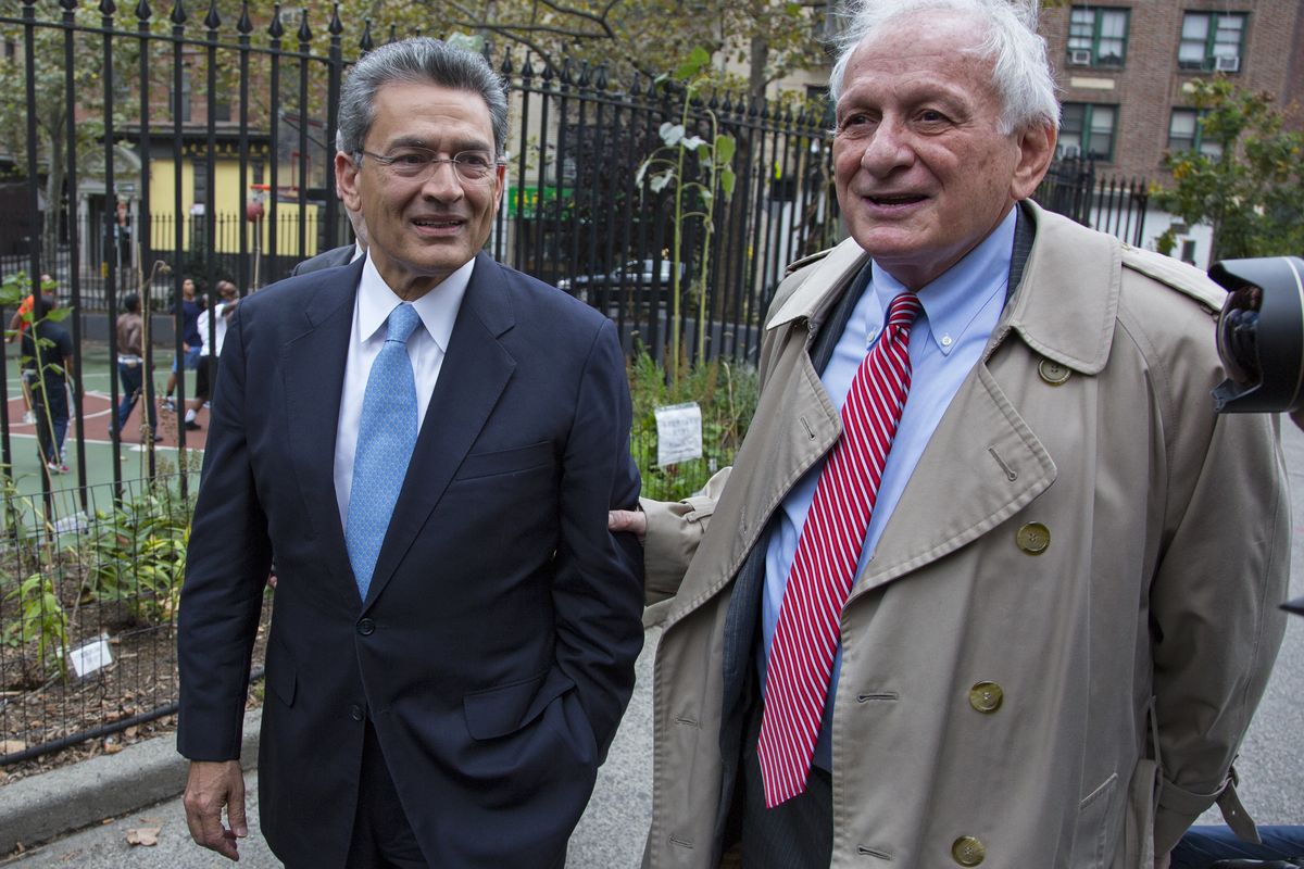 Former Goldman Sachs and Procter & Gamble Co. board member Rajat Gupta, left, arrives outside federal court in New York Wednesday, Oct. 24, 2012. Gupta is to be sentenced after being found guilty insider trading by passing secrets between March 2007 and January 2009 to a billionaire hedge fund founder who used the information to make millions of dollars. At right is Gupta's attorney Gary Naftalis. (Craig Ruttle / Fr61802 Ap)
