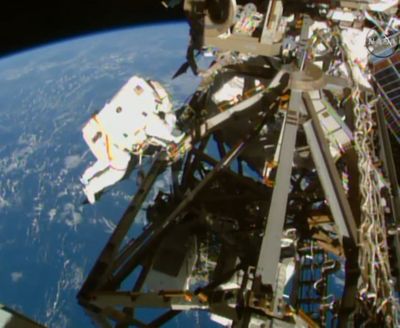 In this image from NASA television astronaut Terry Virts is seen during the third spacewalk outside the International Space Station on Sunday. (Associated Press)