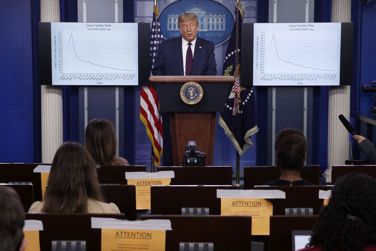 President Donald Trump speaks during a briefing with reporters in the James Brady Press Briefing Room of the White House, Tuesday, Aug. 4, 2020, in Washington. (Alex Brandon)