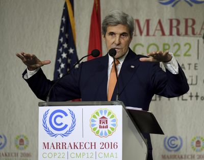 U.S. Secretary of State John Kerry gives a speech at the COP22 climate conference Wednesday Nov. 16, 2016, in Marrakesh, Morocco. (Mark Ralston / Associated Press)