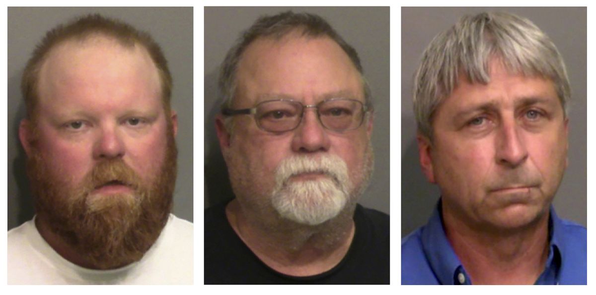 FILE - This combo of booking photos provided by the Glynn County, Ga., Detention Center, shows from left, Travis McMichael, his father Gregory McMichael, and William "Roddie" Bryan Jr. Legal experts say federal hate crimes charges in the 2020 chase and killing of Ahmaud Arbery could prove more difficult to prosecute than the fall murder trial that ended in convictions of three white men. Jury selection is scheduled to begin Monday, Feb. 7, 2022 in U.S. District Court in Brunswick, Georgia. (HOGP)