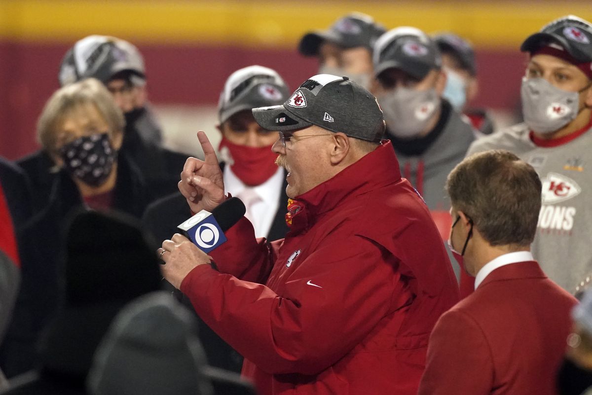 Kansas City Chiefs, Head Coach Andy Reid, celebrates with his team