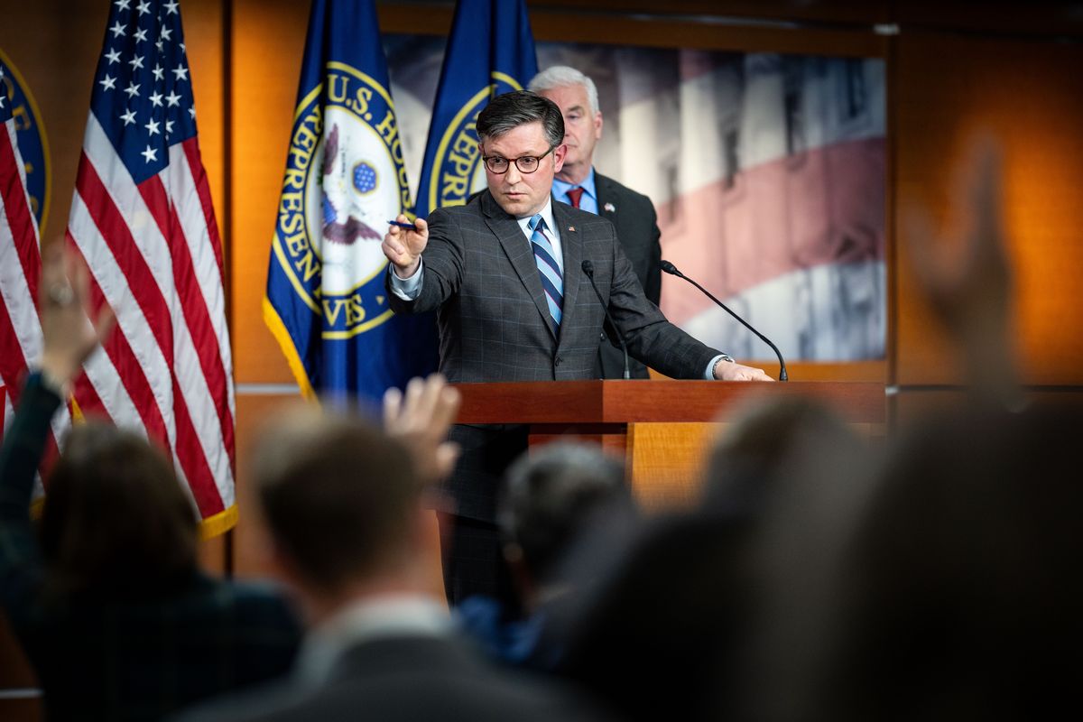 House Speaker Mike Johnson (R-La.) holds a news conference on Capitol Hill last week.   (Kent Nishimura/For The Washington Post)