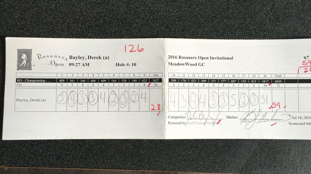 Derek Bayley’s scorecard chronicles his course-record 59 at MeadowWood on Saturday. (Courtesy photo)