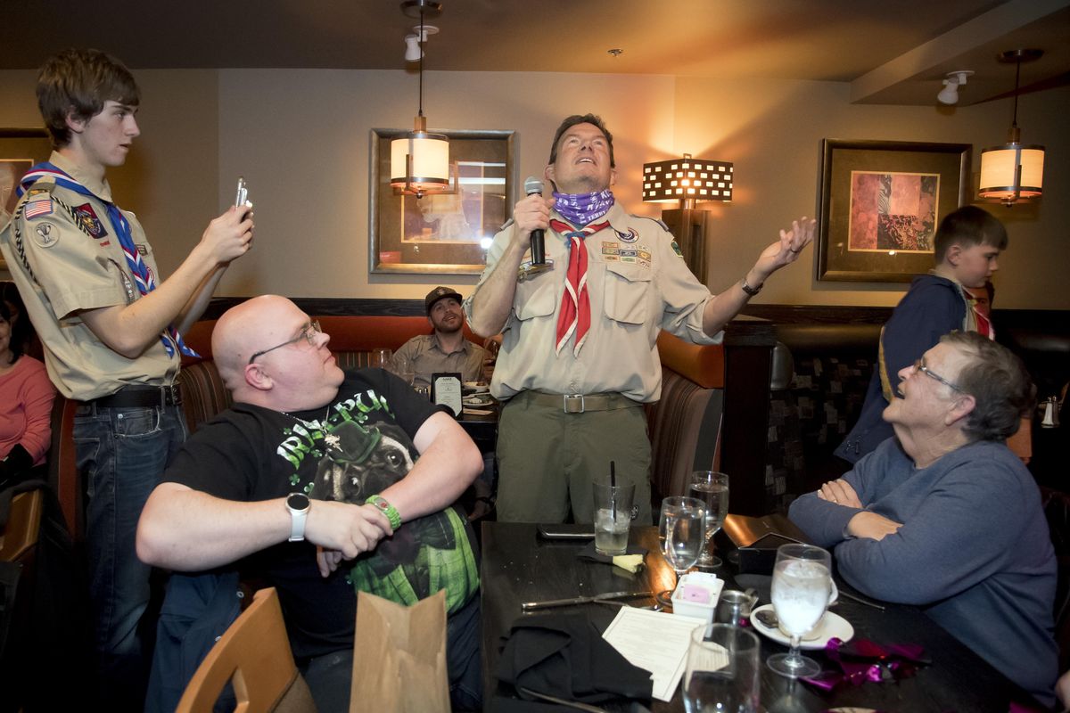 At the “Kicking and Screaming” watch party at the Max Lounge at the Mirabeau Park Hotel, local Scoutmaster Terry Fossum answers questions from the audience about the reality show he participated in. (Colin Mulvany / The Spokesman-Review)