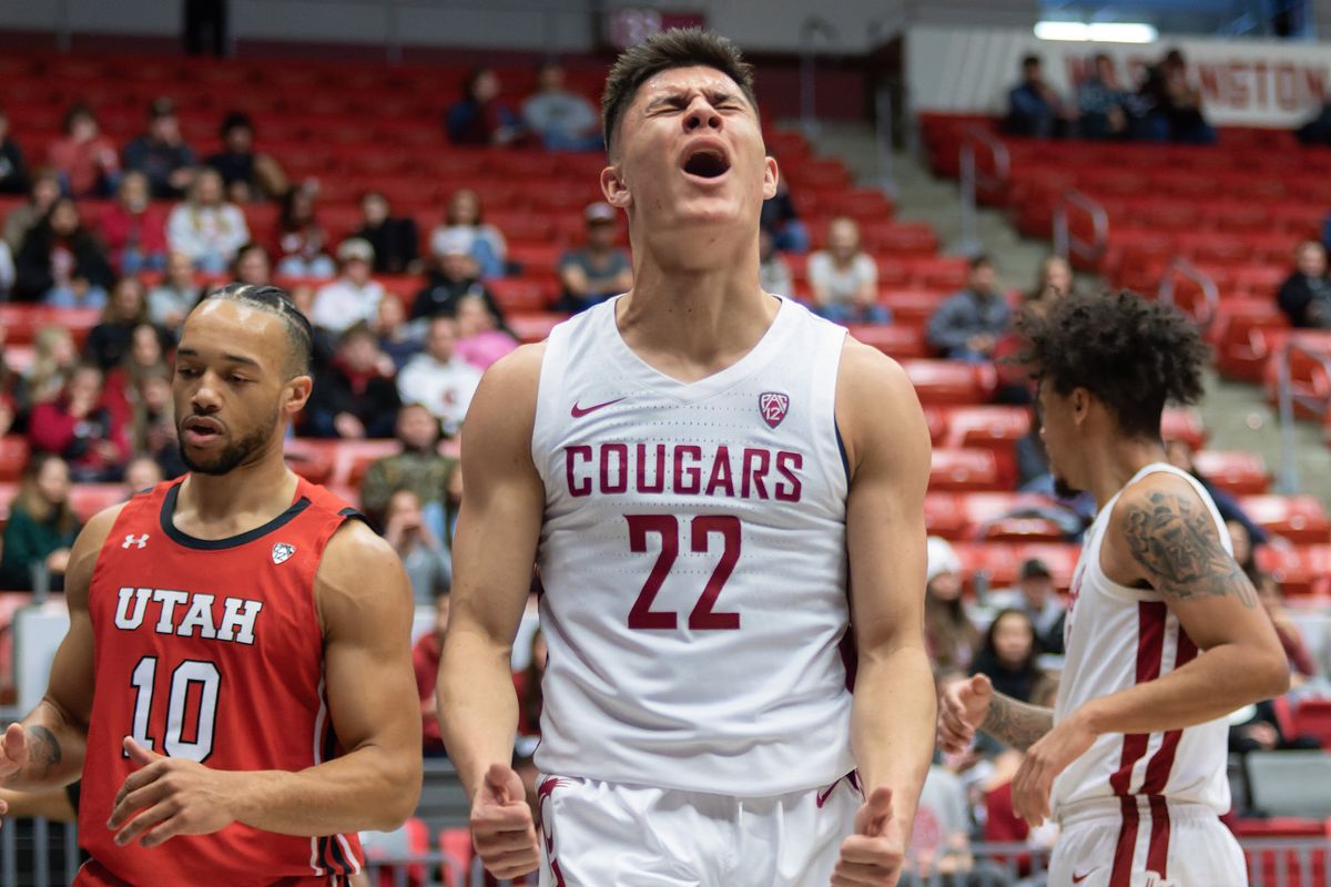 Washinton State guard Dylan Darling reacts in the first half of a game against Utah on Sunday, Dec. 4, 2022, at Beasley Coliseum in Pullman, Wash.  (Geoff Crimmins/For The Spokesman-Review)