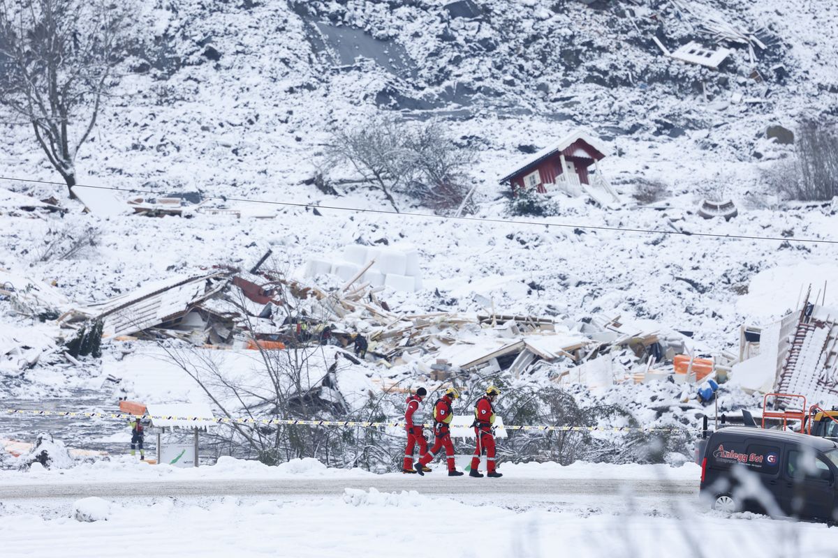 Rescue crews work in the area at Ask in Gjerdrum on Saturday after a massive landslide smashed into a residential area near the Norwegian capital on Wednesday.  (Tor Erik Schroeder)
