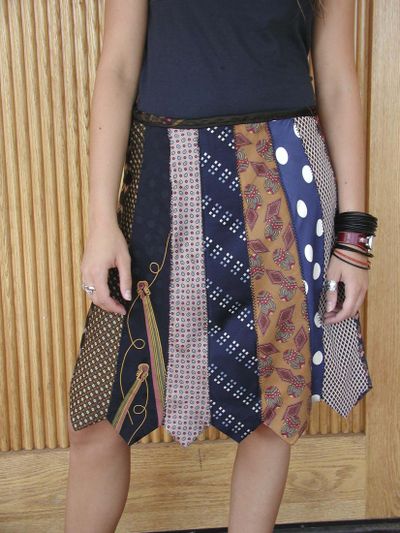 This undated photo provided by Laura Kluvo shows a necktie skirt designed by Kluvo. Neckties are not only handy as last-minute Father's Day gifts. They also provide a multitude of materials and designs for sewing projects. (Laura Kluvo)
