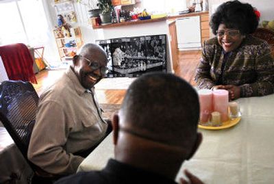 
The Rev. Arthur Jarrett, left, and his wife, the Rev. Leotta Jarrett, share a laugh with Ivan Bush on Thursday as they work on final program details for Martin Luther King Jr. Day activities in Spokane. The Jarretts, below, were active in the civil rights movement in the 1960s. 
 (Photos by Jed Conklin / The Spokesman-Review)