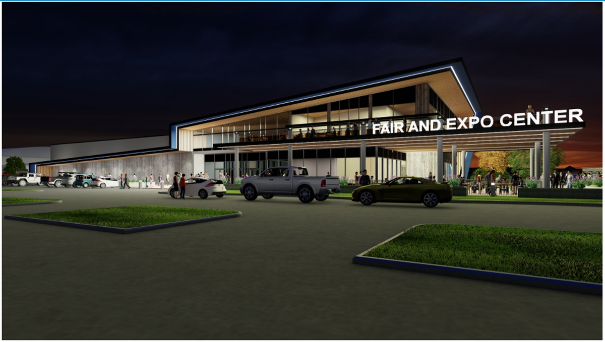 This artist’s rendering, taken from a Spokane Valley City Council presentation, shows what a new building at the Spokane County fairgrounds could look like.  (Colin Tiernan / The Spokesman-Review)