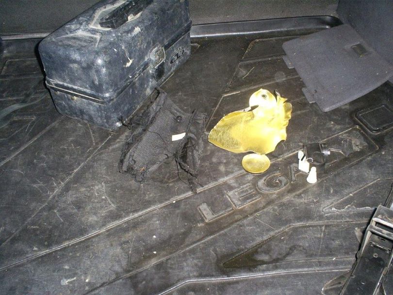 Remains of a bear spray canister and the holster it was in before it exploded while exposed to the hot summer sun in the back of a parked Subaru. (Hal Herring)
