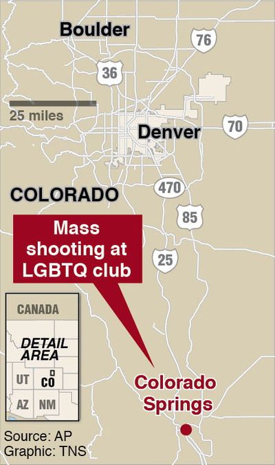 Locator map of mass shooting in Colorado Springs, CO.  (Tribune News Service)