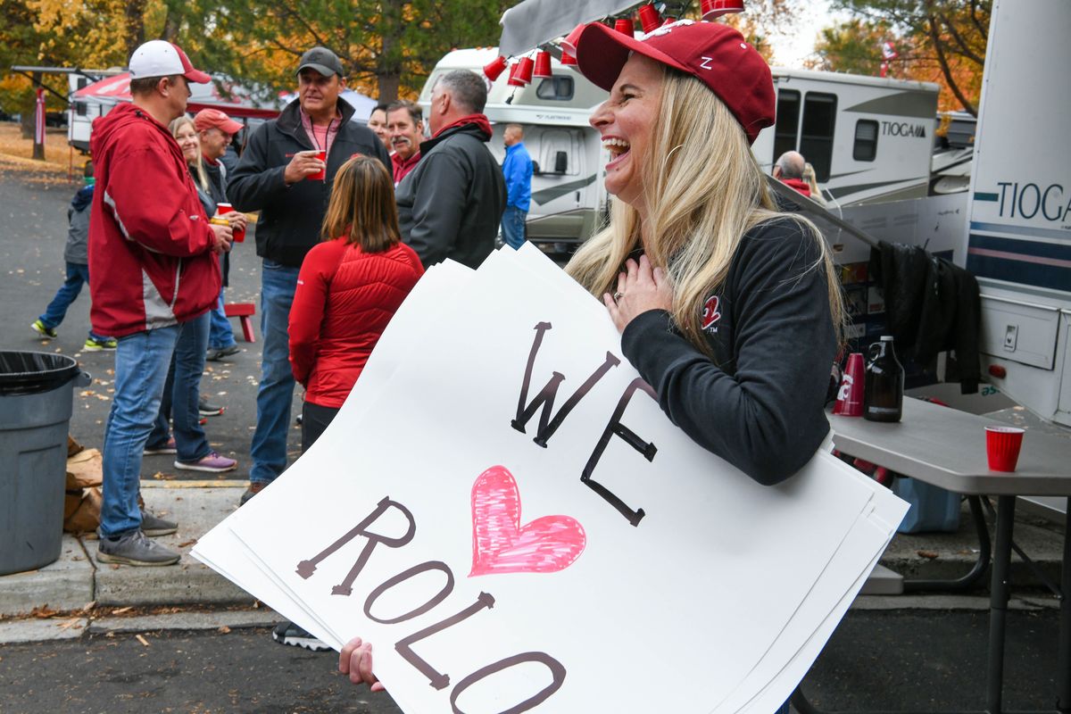 Washington State University football fan Alica Tobin, of Yakima, supports fired head coach Nick Rolovich during tailgating Saturday. Tobin said she is pro-choice and not against the vaccine.  (DAN PELLE/THE SPOKESMAN-REVIEW)