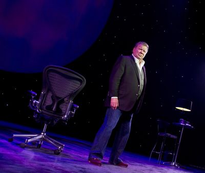 William Shatner stars in “Shatner’s World: We Just Live in It,” which lands at INB Performing Arts Center on Thursday night. (Joan Marcus)
