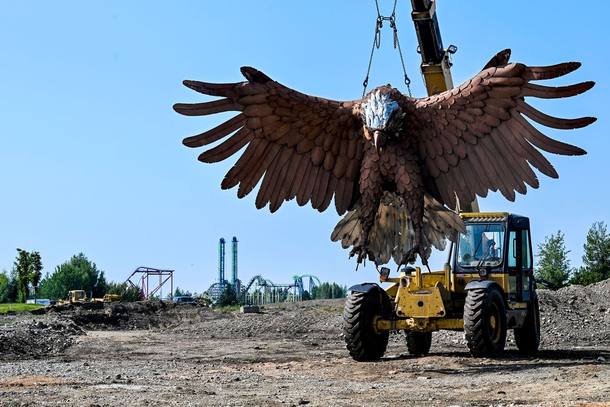 A giant eagle hangs over the future site of the Emerald Forest, a $15 million dollar project at Silverwood Theme Park in Athol, on Thursday.  (Kathy Plonka)
