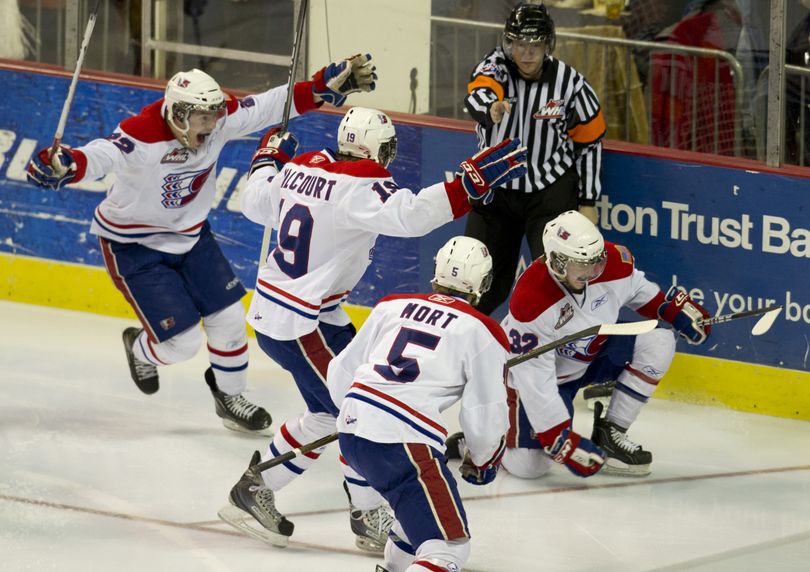 Spokane Chiefs Matt Marantz (32) celebrates after scoring  a goal in the first six seconds of the first period during game 4 of WHL Western Conference finals in Spokane, Wash., Friday, April 29, 2011. (Colin Mulvany / The Spokesman-Review)