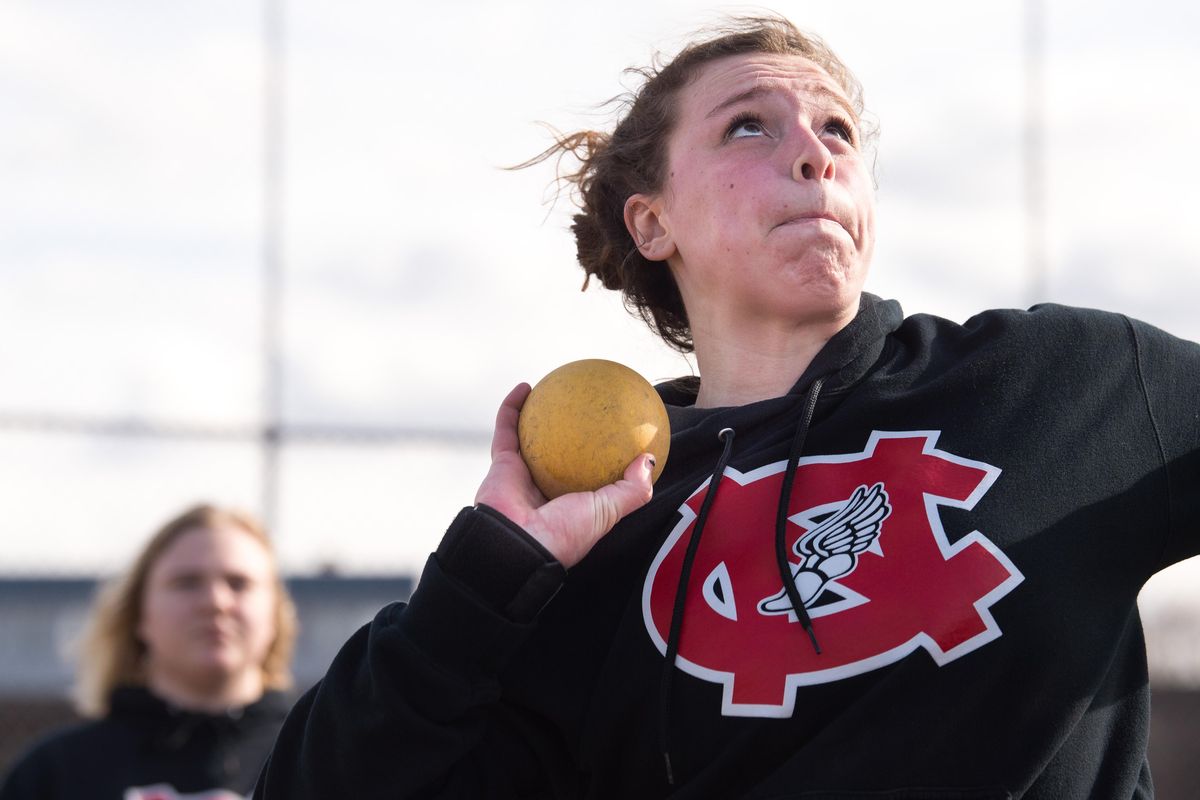 North Central thrower Hailey Leeking works out on March 28 at NC High School. (Tyler Tjomsland / The Spokesman-Review)