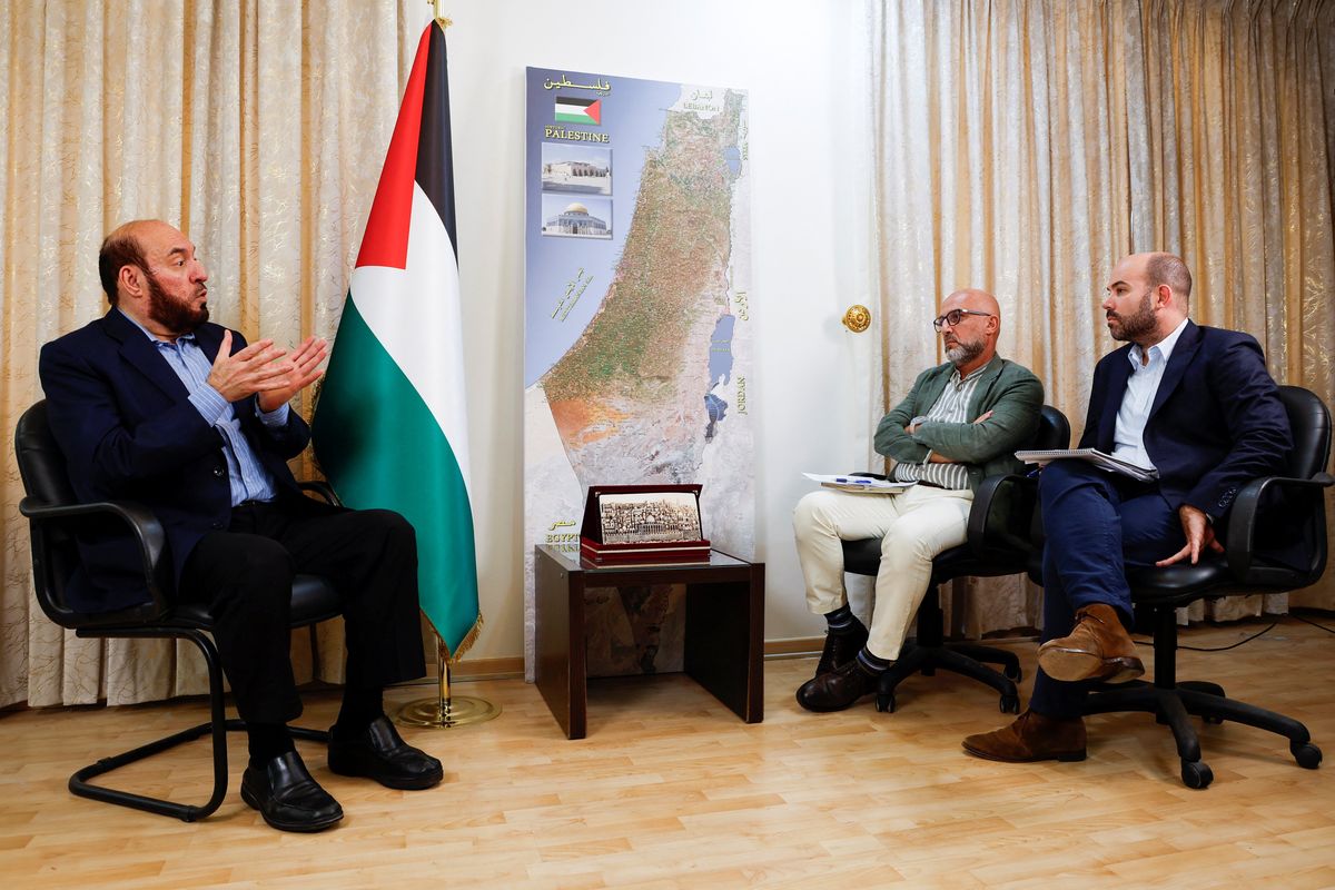 Hamas senior official Mohammed Nazzal speaks during an interview on Wednesday in Doha, Qatar. (Ibraheem Abu Mustafa/Reuters)