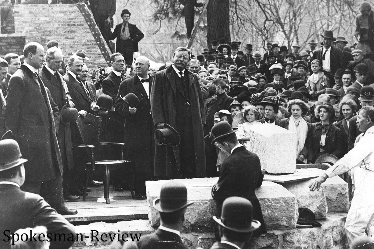 Theodore Roosevent, shown visiting Spokane and laying the cornerstone for a new high school in 1911. He had been out of office since 1909. He had previously visited Spokane in 1903.  (Photo Archives/spokesman-review)