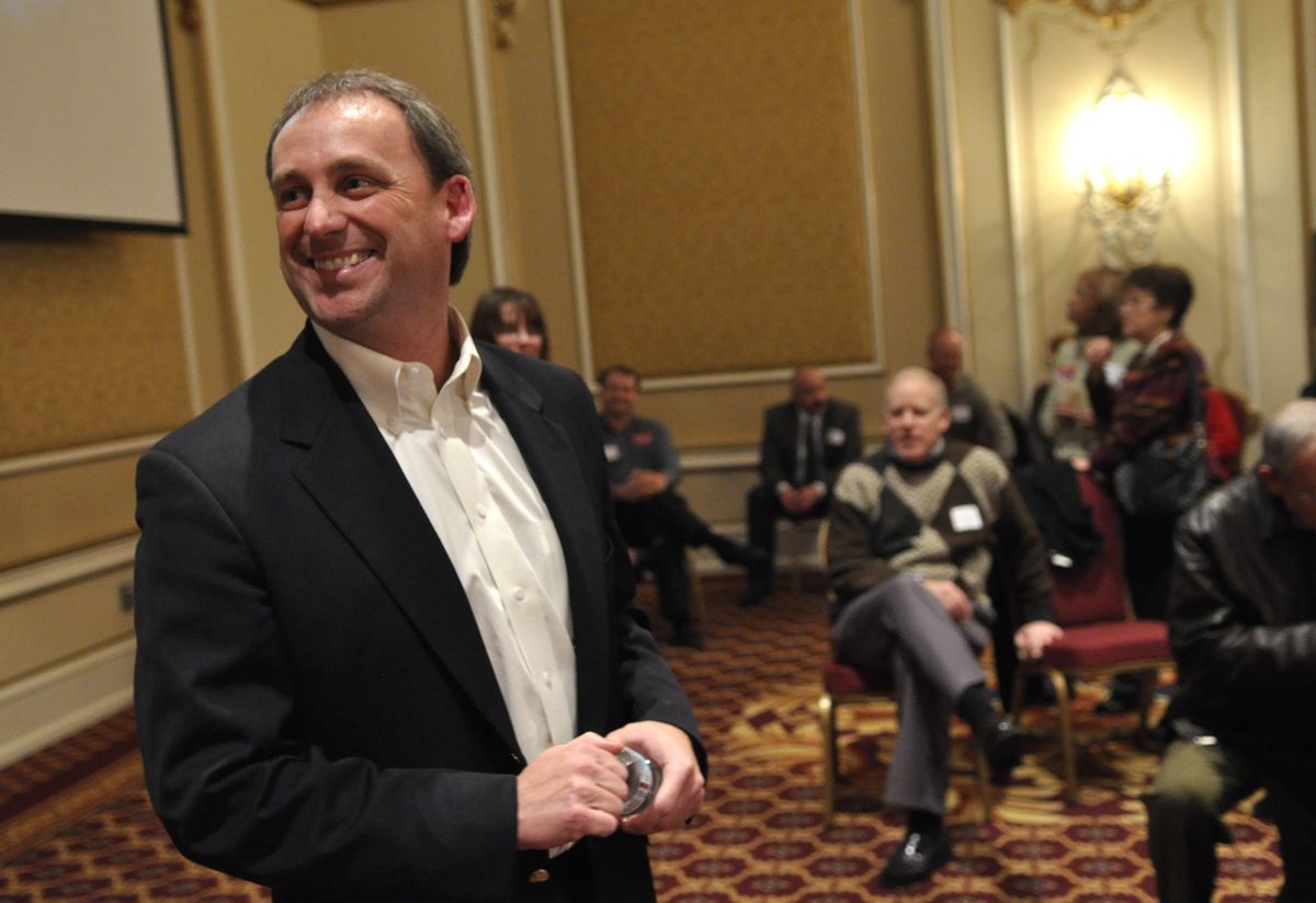 Republican Spokane County Commissioner Todd Mielke, at the Davenport Hotel on Tuesday night, took an early lead over challenger Kim Thorburn. (Colin Mulvany / The Spokesman-Review)