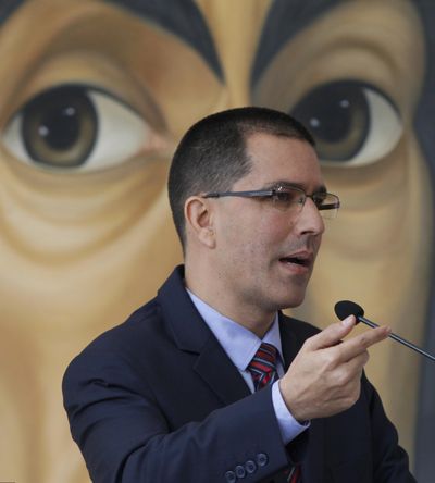 Venezuela's Foreign Minister Jorge Arreaza speaks during a meeting with the diplomatic corps at his offices in Caracas, Venezuela, Saturday, Aug. 12, 2017. (Ariana Cubillos / Associated Press)