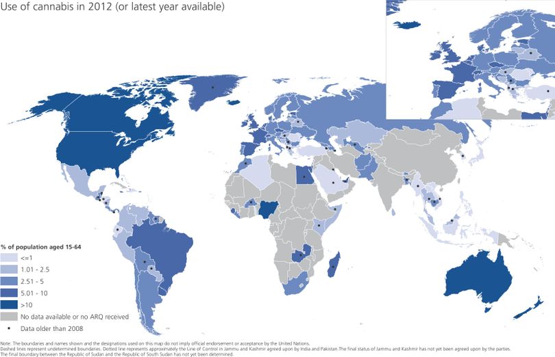 This is a map of marijuana use around the world from data compiled in a United Nations study on drugs. (United Nations)