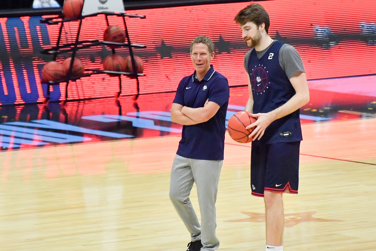 Gonzaga coach Mark Few laughs with forward Drew Timme during a practice session on April 2 ahead of GU’s Final Four game against UCLA in Indianapolis.  (TYLER TJOMSLAND/THE SPOKESMAN-REVIEW)
