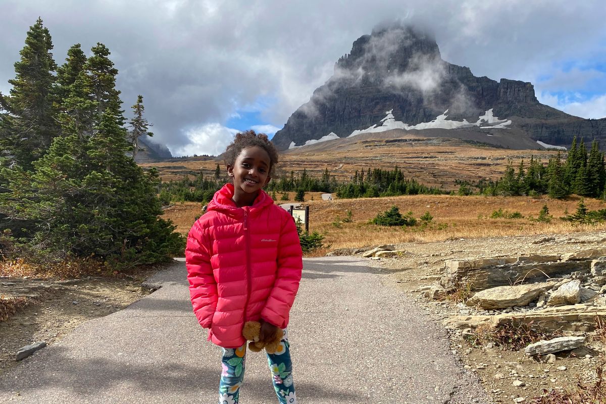 Five-year-old Naomi Pascal, holding her teddy bear, is photographed in October 2020 on a hike to Hidden Lake in Glacier National Park, Mont.  (Ben Pascal)