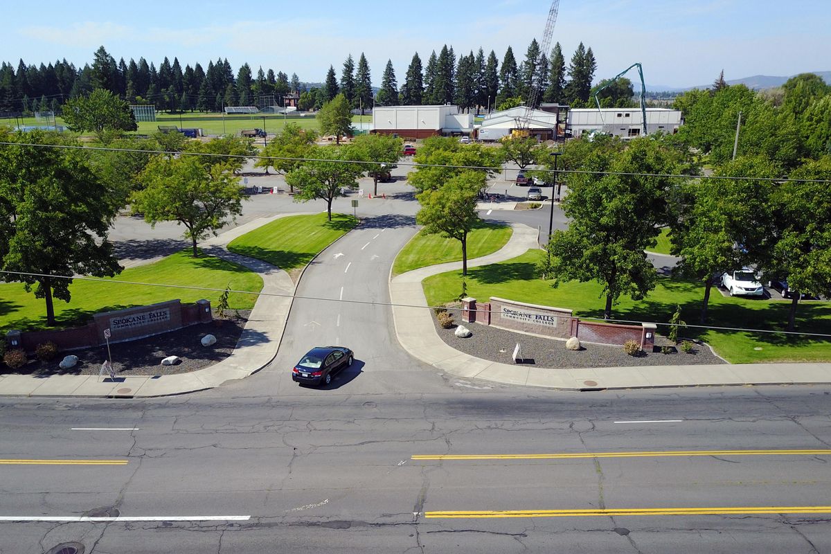 Fort George Wright Drive, below, runs around Spokane Falls Community College and could undergo some traffic revisions soon under a plan by Spokane Transit Authority. Traffic lights, flashing pedestrian crosswalks and other amenities could be added. Shown Wednesday, Aug. 16, 2017. (Jesse Tinsley / The Spokesman-Review)