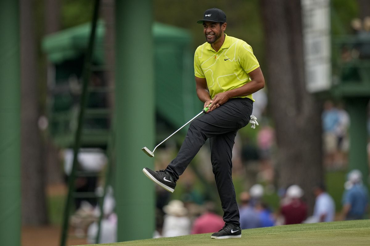 Tony Finau reacts after missing an eagle putt on the 15th hole during the second round of the Masters golf tournament on Friday, April 9, 2021, in Augusta, Ga.  (Associated Press)