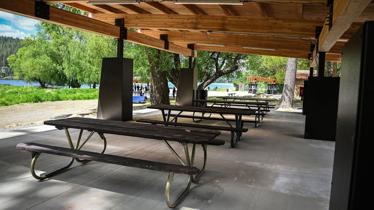 The new covered picnic table area is finished at Liberty Lake Regional Park after the official ribbon cutting in May.  (Kathy Plonka/The Spokesman-Review)