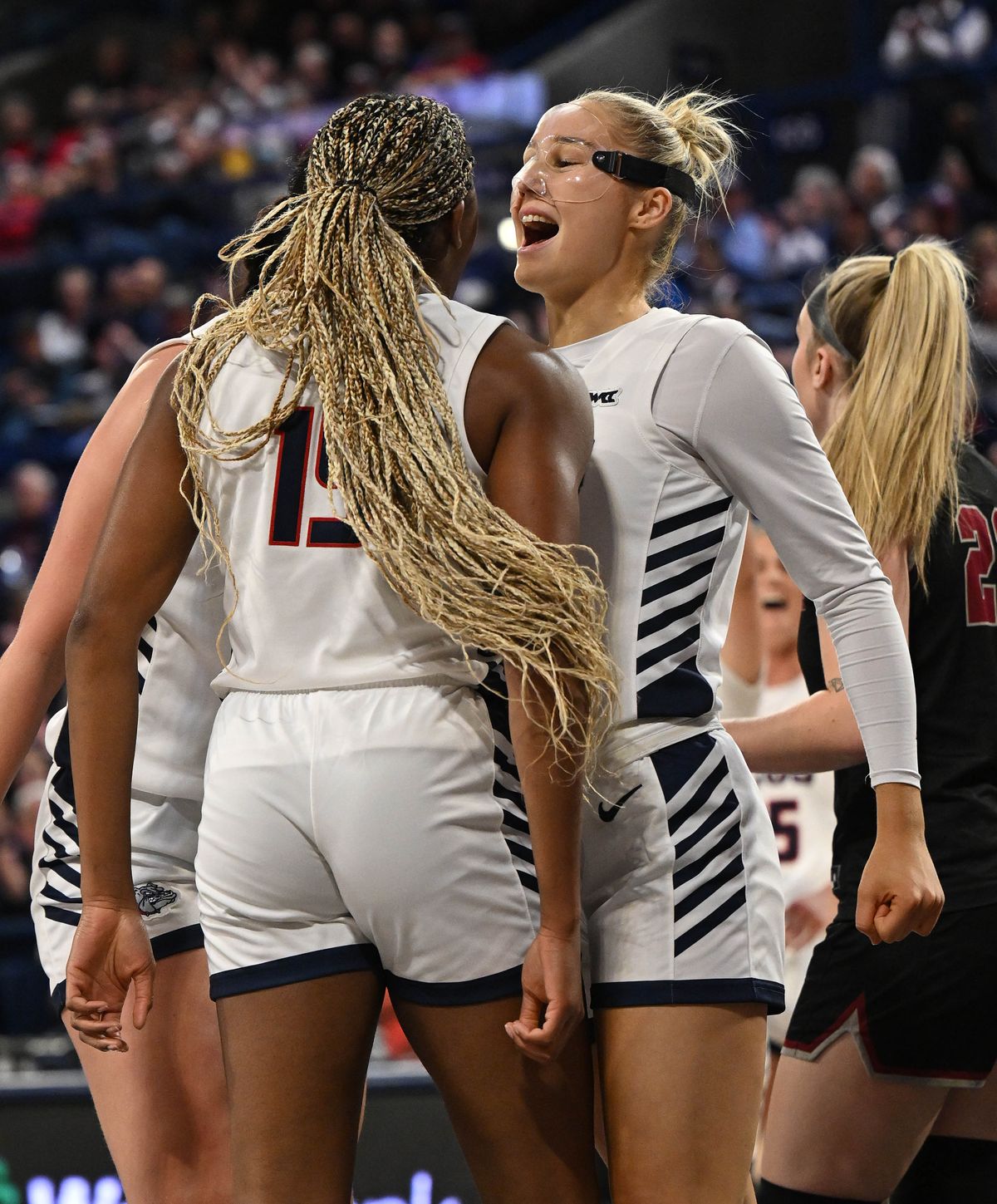 Gonzaga guard Esther Little, right, bumps forward Yvonne Ejim during the second half of a West Coast Conference game against Santa Clara on Jan. 11 at McCarthey Athletic Center.  (COLIN MULVANY/THE SPOKESMAN-REVIEW)