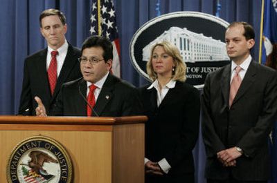 
Attorney General Alberto Gonzales, second from left, announces the indictment of terrorism suspect Jose Padilla on conspiracy charges Tuesday in Washington. With Gonzales, from left, are FBI assistant director John Pistole, Assistant Attorney General Alice Fisher and Alex Acosta, U.S. attorney for the Southern District of Florida. 
 (Associated Press / The Spokesman-Review)