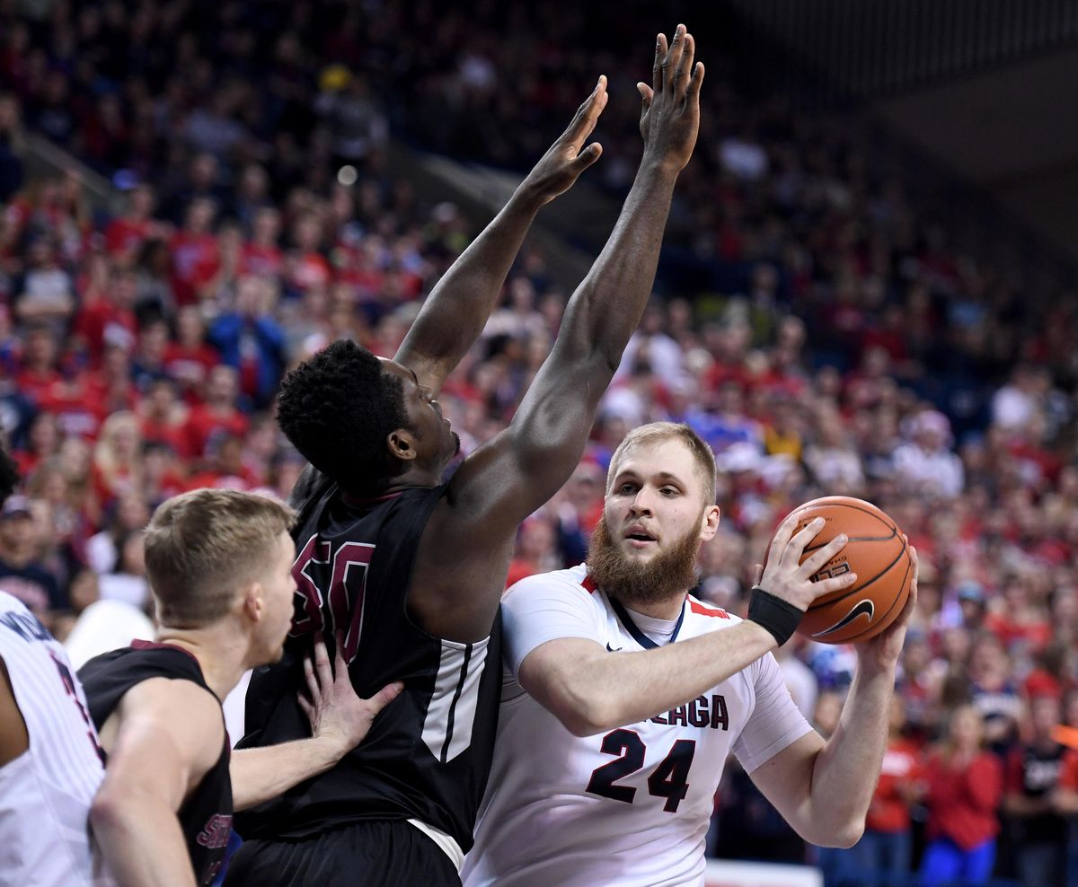 Gonzaga center Przemek Karnowski (24) moves into the key during the first half of an NCAA college basketball game, Sat., Feb. 4, 2017, in the McCarthey Athletic Center. (Colin Mulvany / The Spokesman-Review)