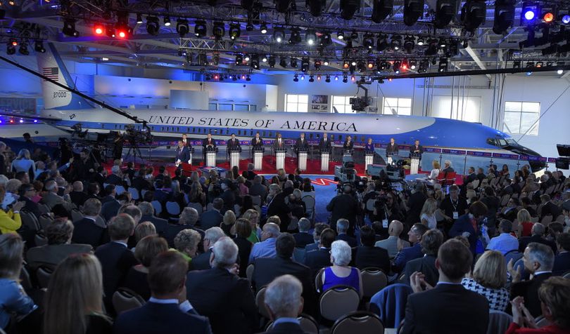 The candidates are introduced prior to the CNN Republican presidential debate at the Ronald Reagan Presidential Library and Museum on Wednesday, Sept. 16, 2015, in Simi Valley, Calif.  (AP Photo/Mark J. Terrill)