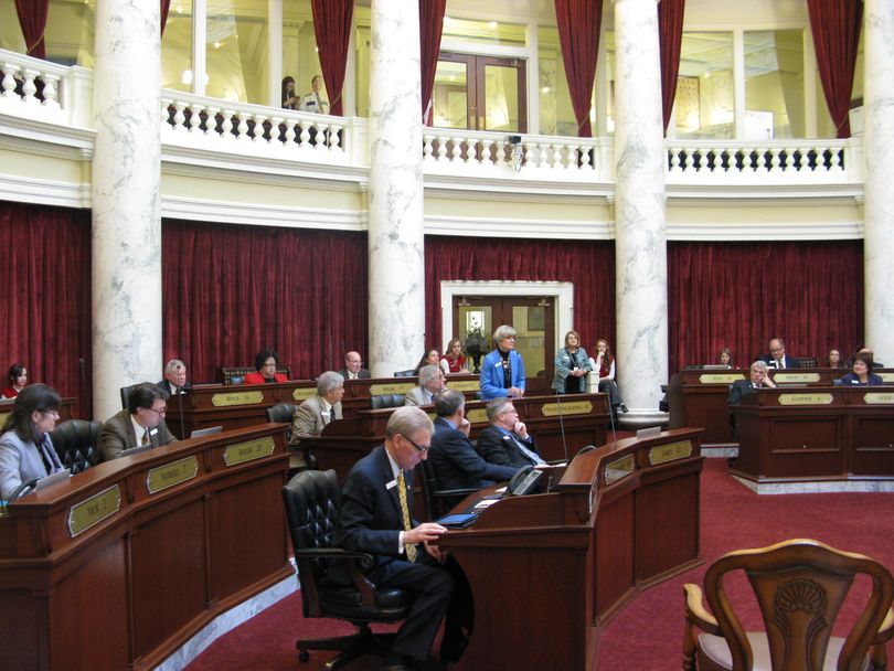 Sen. Janie Ward-Engelking speaks in favor of SB 1271, the bill to make the Idaho giant salamander the official state amphibian, on Wednesday. The bill passed, 33-2, and now heads to a House committee. (Betsy Russell)