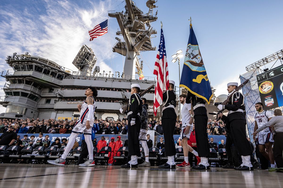 The Zags arrive on the court before Friday’s Armed Forces Classic college basketball game with Michigan State in San Diego. (COLIN MULVANY/THE SPOKESMAN-REVIEW)