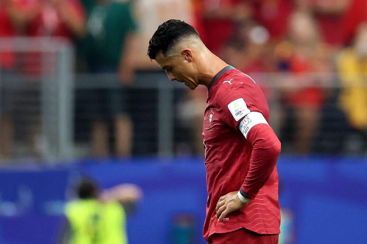 Portugal forward Cristiano Ronaldo reacts after his team was defeated by Spain in the World Cup round of 16 on Monday in Arlington, Texas.  (Tribune News Service)