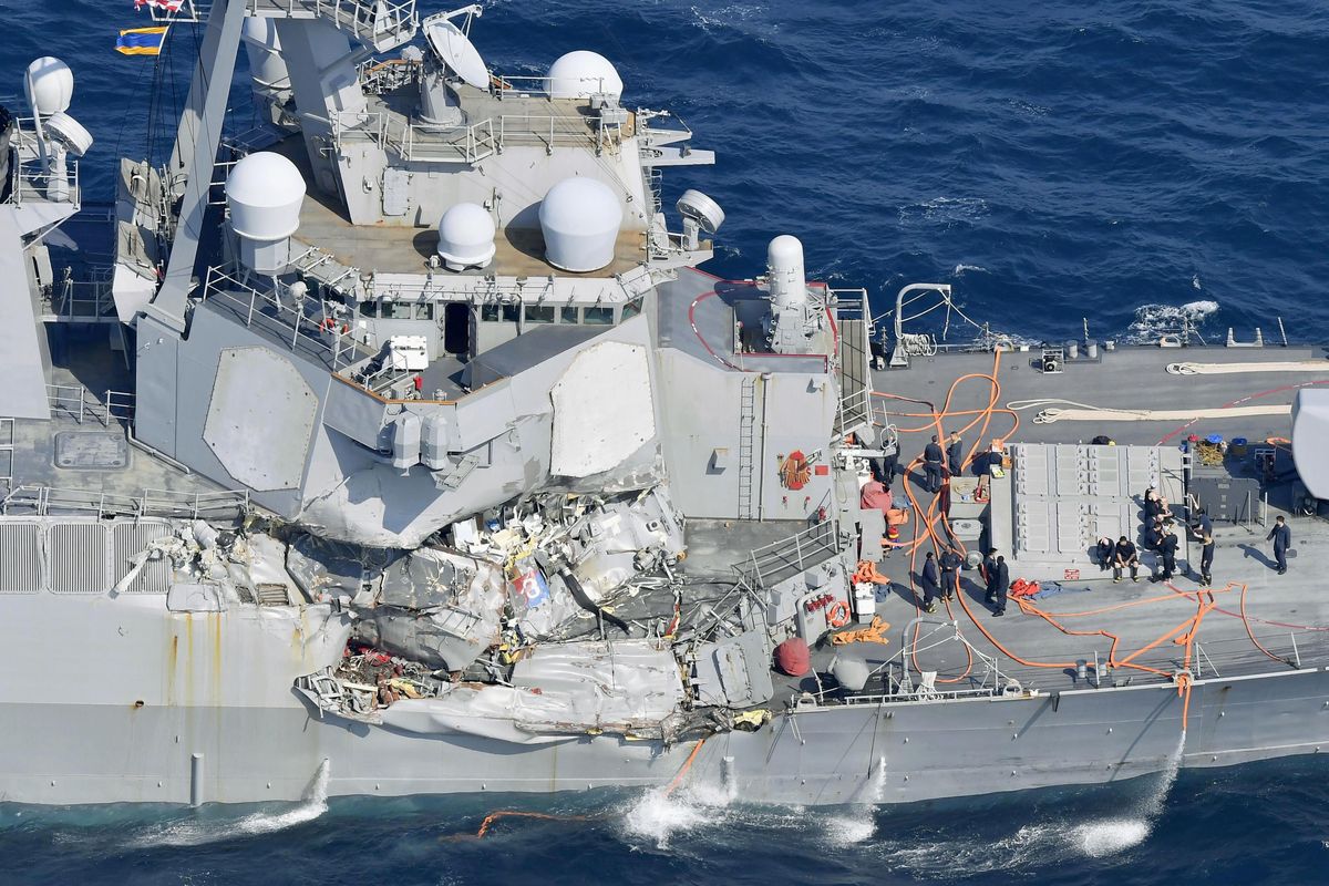 The damage of the right side of the USS Fitzgerald is seen off Shimoda, Shizuoka prefecture, Japan, after the Navy destroyer collided with a merchant ship, Saturday, June 16, 2017. The U.S. Navy says the USS Fitzgerald suffered damage below the water line on its starboard side after it collided with a Philippine-flagged merchant ship. (Iori Sagisawa / Iori Sagisawa/Kyodo News)