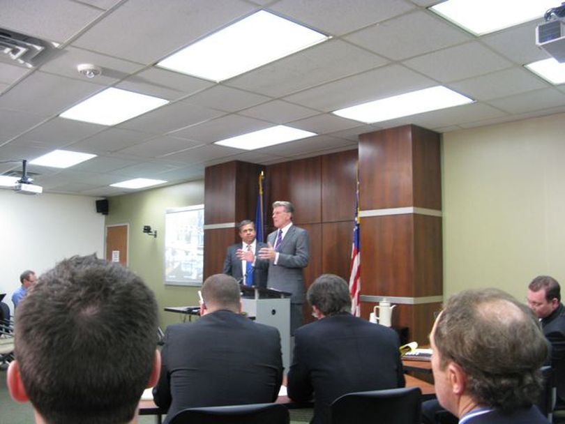 Gov. Butch Otter and state Superintendent of Schools Tom Luna, left, hold a press conference on Monday (Betsy Russell)
