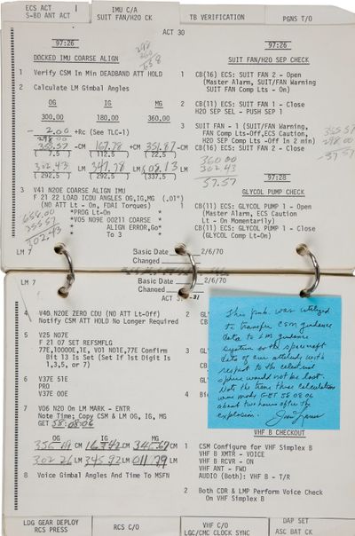 In November, Heritage Auctions sold the Apollo 13 Lunar Module Checklist with handwriting by Cmdr. James Lovell. The list shows calculations that helped him and his crew navigate the craft back to earth. (Associated Press)