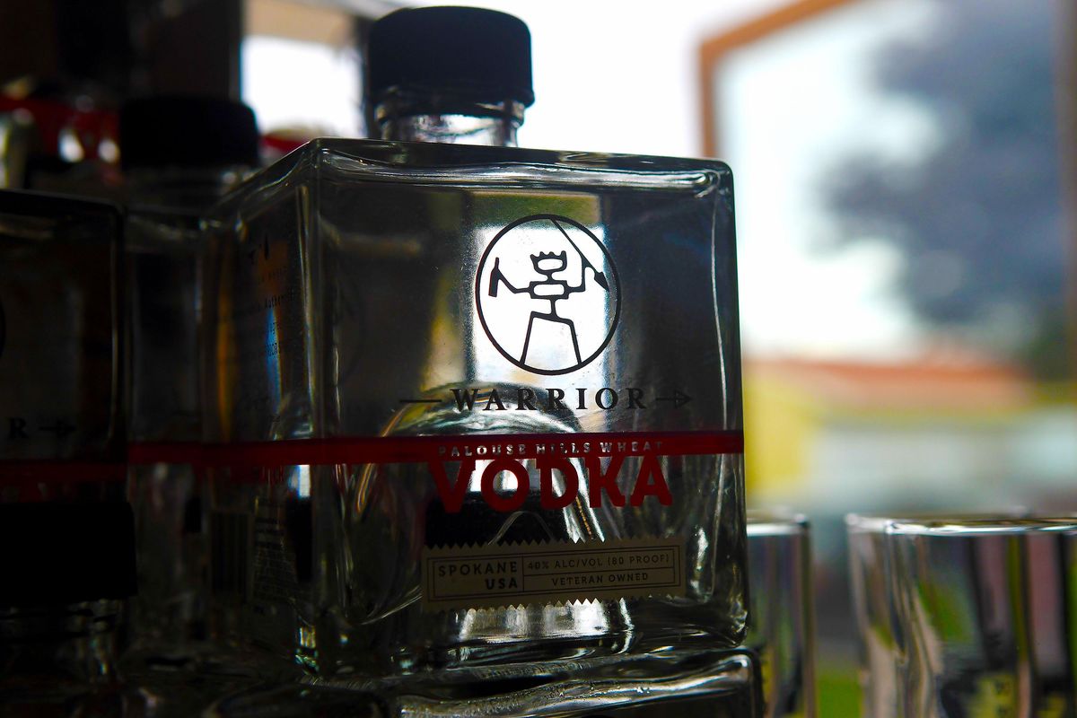 This bottle of Warrior vodka is photographed at the distillery in Spokane on Tuesday, July 3, 2018. (Kathy Plonka / The Spokesman-Review)