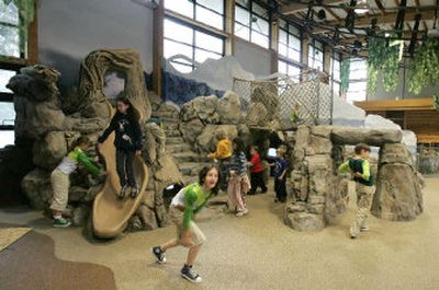 
Kids swarm a mountain and water-themed play area at 