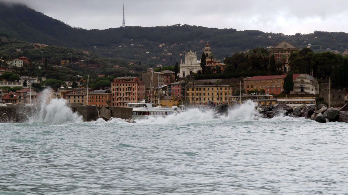 A view of Portofino, Italy, Thursday, Nov. 1, 2018 as rainstorms and strong winds have been battering the country. A falling chestnut tree has crushed a car in mountainous northwest Italy, killing 2 people inside, as rainstorms and strong winds pummel the country. Storm damage also cut off roads to the tourist port town of Portofino. (Beppe Risso / Associated Press)